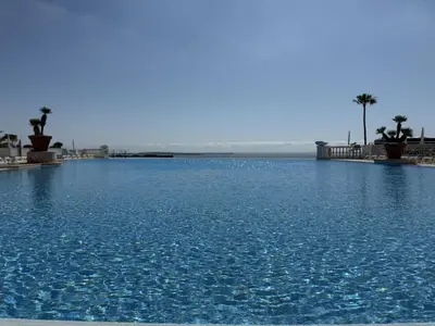 a large pool of blue water with palm trees in the background at Un Studio de Charme Vue Mer & Piscine d'Exception in Cannes