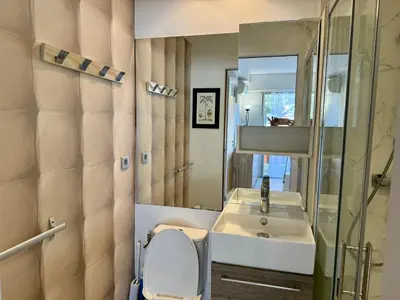 a bathroom with a sink and a toilet and a mirror at Apartment 2 pièces Cannes Centre in Cannes