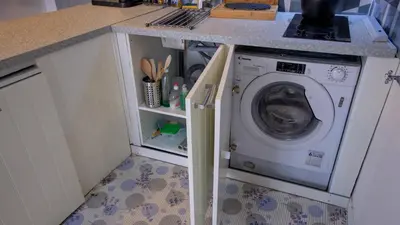 a washing machine in a kitchen under a counter at Les Tambourins Studio 19 - 3 étoiles in Cannes