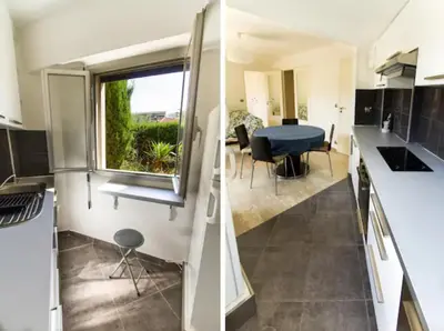 a kitchen and living room with a table and a window at NICE FLAT WITH GARDENS Limites cannes juste 10 MNS CROISETT in Le Cannet
