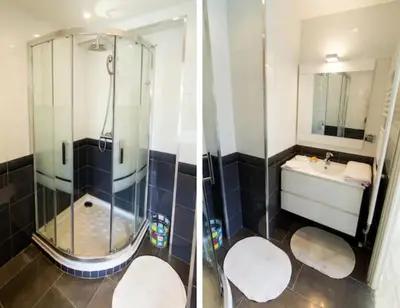 two views of a bathroom with a shower and a sink at NICE FLAT WITH GARDENS Limites cannes juste 10 MNS CROISETT in Le Cannet