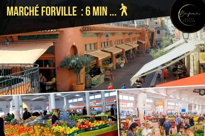 a collage of photos of a market with fruits and vegetables at Suite Riviera - Sea View - Clim - 50M Plage - Residence de standing - Spacieux 180 M2 - Parking in Cannes