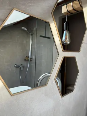 a mirror in a bathroom with a shower at Au petit Marius in Cannes