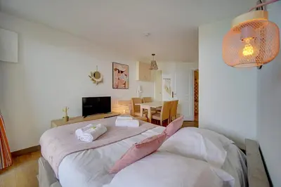 a bedroom with a large bed with two pillows at IMMOGROOM - 2 Rooms renovated - Pool - Terrace - Garden - Parking - in Cannes