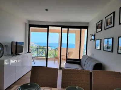 a living room with a couch and a television at T2 + CABINE VILLA FRANCIA in Cannes