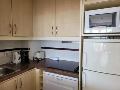 a kitchen with a white refrigerator and a microwave at T2 + CABINE VILLA FRANCIA in Cannes