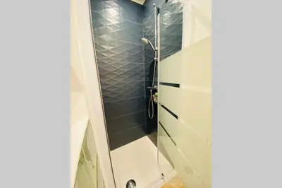 a shower with a glass door in a bathroom at Grand appartement proche plages & centre ville in Cannes
