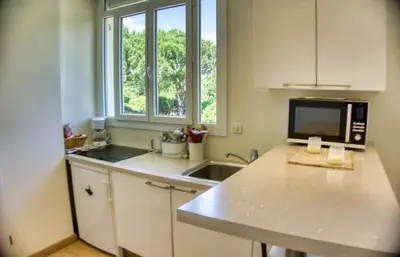 a kitchen with a sink and a microwave at Cannes charming studio 50 meters from the beach !! in Cannes