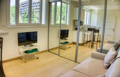 a living room with a couch and a tv at Cannes charming studio 50 meters from the beach !! in Cannes