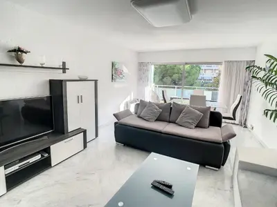 a living room with a couch and a television at Appartements de Standing Cannes Centre in Cannes