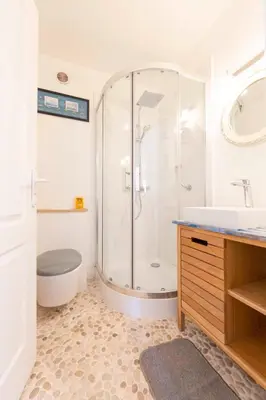 a bathroom with a shower and a toilet and a sink at Paradise Cannes Center with Pool and Park VILLA LE LYS in Cannes