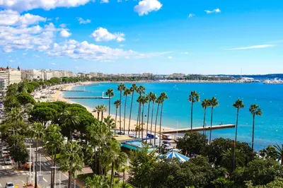 a view of a beach with palm trees and the ocean at Paradise Cannes Center with Pool and Park VILLA LE LYS in Cannes