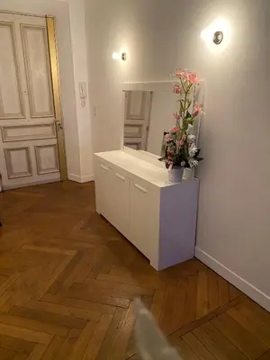 a bathroom with a white counter with flowers on it at Croisette Palais festival 5 minutes , 170 m2 moderne spacious in Cannes