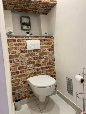 a white toilet in a bathroom with a brick wall at Nuit privée in Cannes