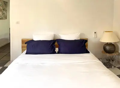 a bed with two blue pillows in a room at VILLA ARVOR CANNES Appartement indépendant en bas de maison in Cannes