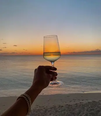 a person holding up a glass of wine at the beach at Magnifique appartement Cosy Cannes à 5mn du fameux palais du festival et ses plages in Cannes