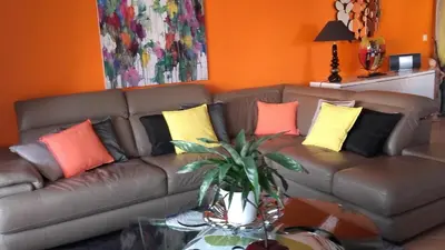 a living room with a brown couch with colorful pillows at Location chambre 2 personnes chez Angela in Cannes