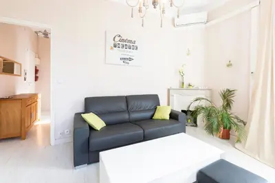 a living room with a black couch and a table at Cosy apartment 39M2, two steps from rue d'Antibes and Croisette in Cannes