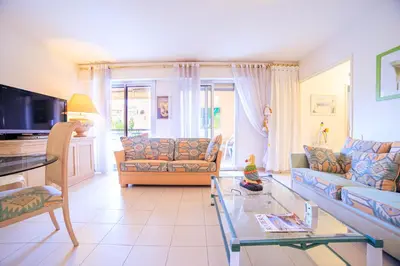 a living room with a couch and a table at Appartement Les Allées in Cannes