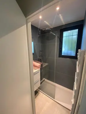 a bathroom with a shower with a glass door at VILLA BEL AIR CANNES - 240m2 - Freshly completely renovated - Beach - Pool - No Party allowed - No bachelor-ette stay in Cannes