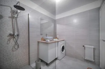 a bathroom with a washing machine and a shower at IMMOGROOM - Terrace - Near shops - Parking - Wifi - AC livingroom in Cannes