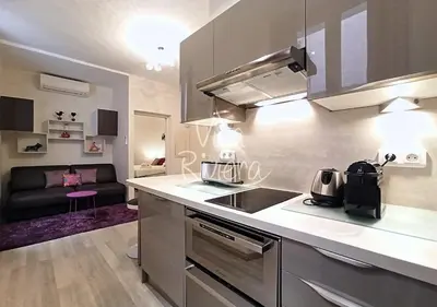a kitchen with a stove and a couch in a room at Calm and Modern 1 Bedroom City Centre Cannes in Cannes