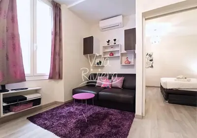 a living room with a black couch and a purple rug at Calm and Modern 1 Bedroom City Centre Cannes in Cannes