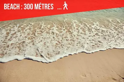 a poster of the beach with a man walking on the sand at Cocoon Center - Rue d'antibes - 200m plage- Clim - wifi - Unique in Cannes