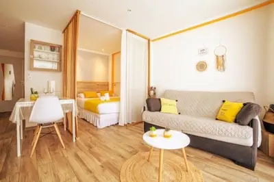 a living room with a couch and a bed at Cocoon Center - Rue d'antibes - 200m plage- Clim - wifi - Unique in Cannes