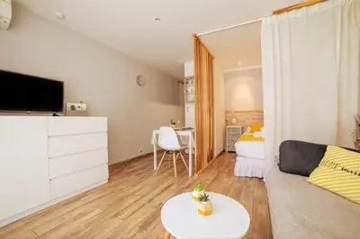 a living room with a couch and a table at Cocoon Center - Rue d'antibes - 200m plage- Clim - wifi - Unique in Cannes