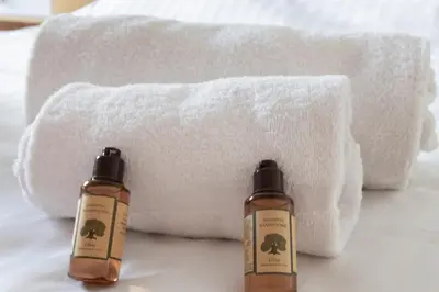 two bottles of essential oils next to a towel at Appartement Maréchal - Welkeys in Cannes