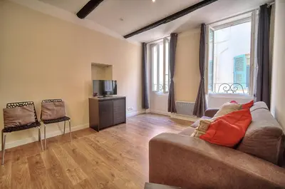 a living room with a couch and a television at Confortable 2 chambres MEYNADIER-FORVILLE A2B105 in Cannes