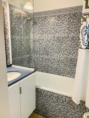 a bathroom with a shower and a sink at Joli cozy appartement, aperçu mer, piscine, gardien in Cannes