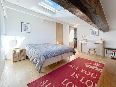 a bedroom with a bed and a red rug at Rooftop terrasse 1 bedroom in rue d'Antibes, 5 min from the Croisette 214 in Cannes
