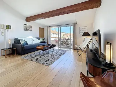 a living room with a couch and a tv at Rooftop terrasse 1 bedroom in rue d'Antibes, 5 min from the Croisette 214 in Cannes