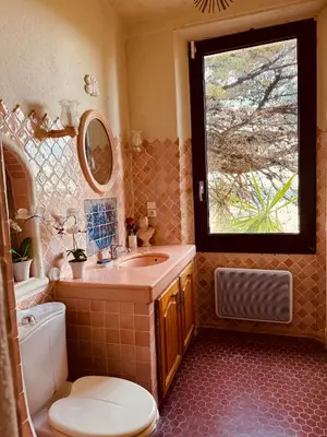 a bathroom with a sink and a toilet and a window at Somptuous exotic villa in Cannes in Cannes