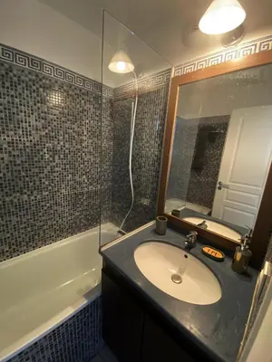 a bathroom with a sink and a shower and a mirror at à 10 min de la Croisette - pieds dans la mer in Cannes