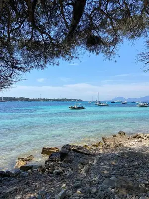 a view of a beach with boats in the water at la petit maisonette de manu in Cannes