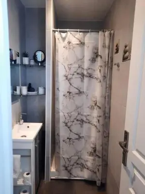 a bathroom with a shower with a marble shower curtain at Cannes beach and Festival Palais in Cannes