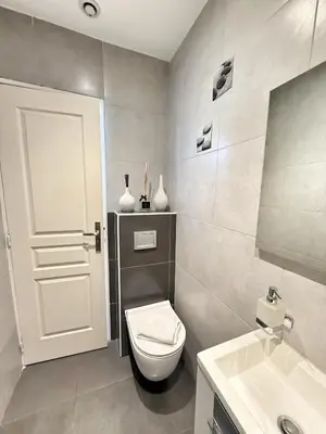 a white bathroom with a toilet and a sink at Cannes beach and Festival Palais in Cannes