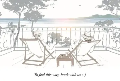 two people sitting in chairs on a balcony with the ocean at On La Croisette deluxe 2 bedrooms 2 baths in Cannes