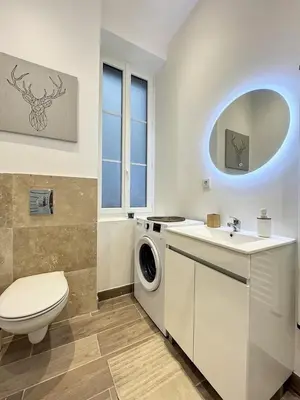 a bathroom with a washing machine and a sink at Le Sweet Forville 2 - Palais des Festivals - Marché provençal - Plage - Clim - Au calme in Cannes