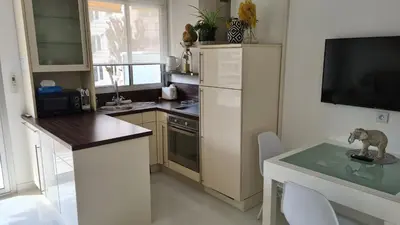 a small kitchen with a table and a toy elephant on a glass table at 1 mn CROISETTE près Martinez in Cannes