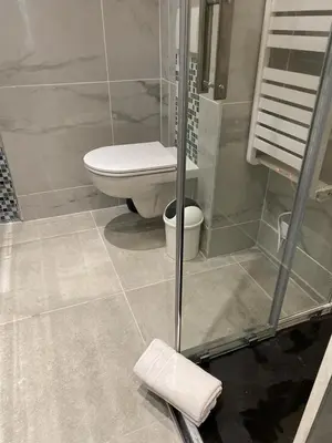 a bathroom with a toilet and a glass shower at Appartement Bellarosa in Cannes