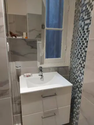 a bathroom with a white sink and a shower at Appartement Bellarosa in Cannes