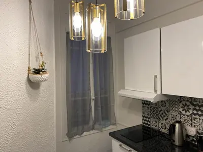 a kitchen with white cabinets and a window with a plant at Appartement Bellarosa in Cannes