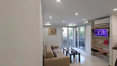 a living room with a couch and a tv at Magnifique appartement à 10mn du Palais in Cannes