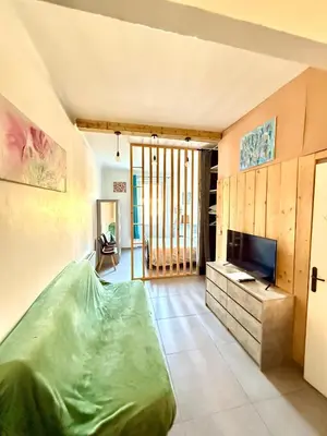 a living room with a bed and a television at APPARTEMENT WOOD DESING PROCHE CANNES in Le Cannet