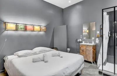 a bathroom with a shower and a sink at Magnifique Loft industriel, forville, centre de Cannes  in Cannes