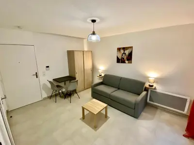 a living room with a couch and a table at PAUL DOUMER #1 By SCLS Locations in Le Cannet